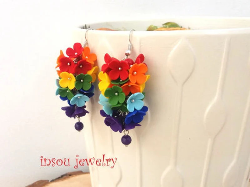 Rainbow Earrings Flower Earrings Dangle Earrings Ombre Earrings