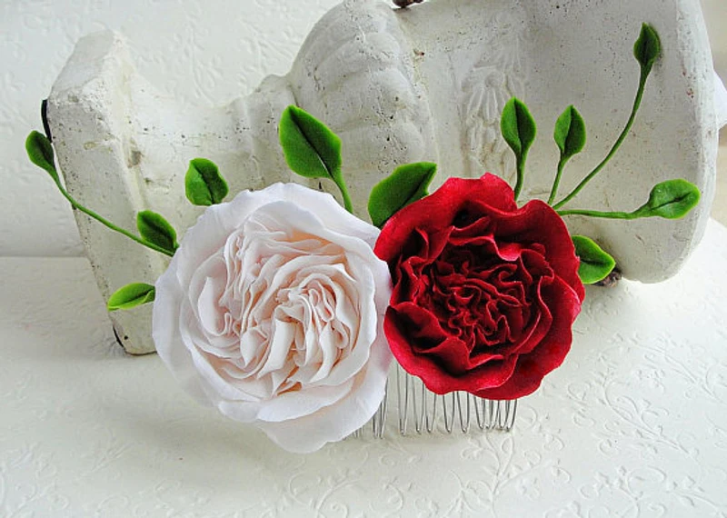 Pink Peach Red Rose Flower Collage Hair Comb Peach Wedding Bridal