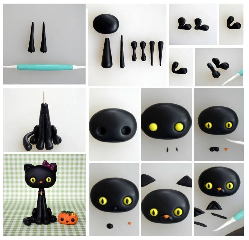 Polymer clay Halloween black cat - DIY step by step tutorial